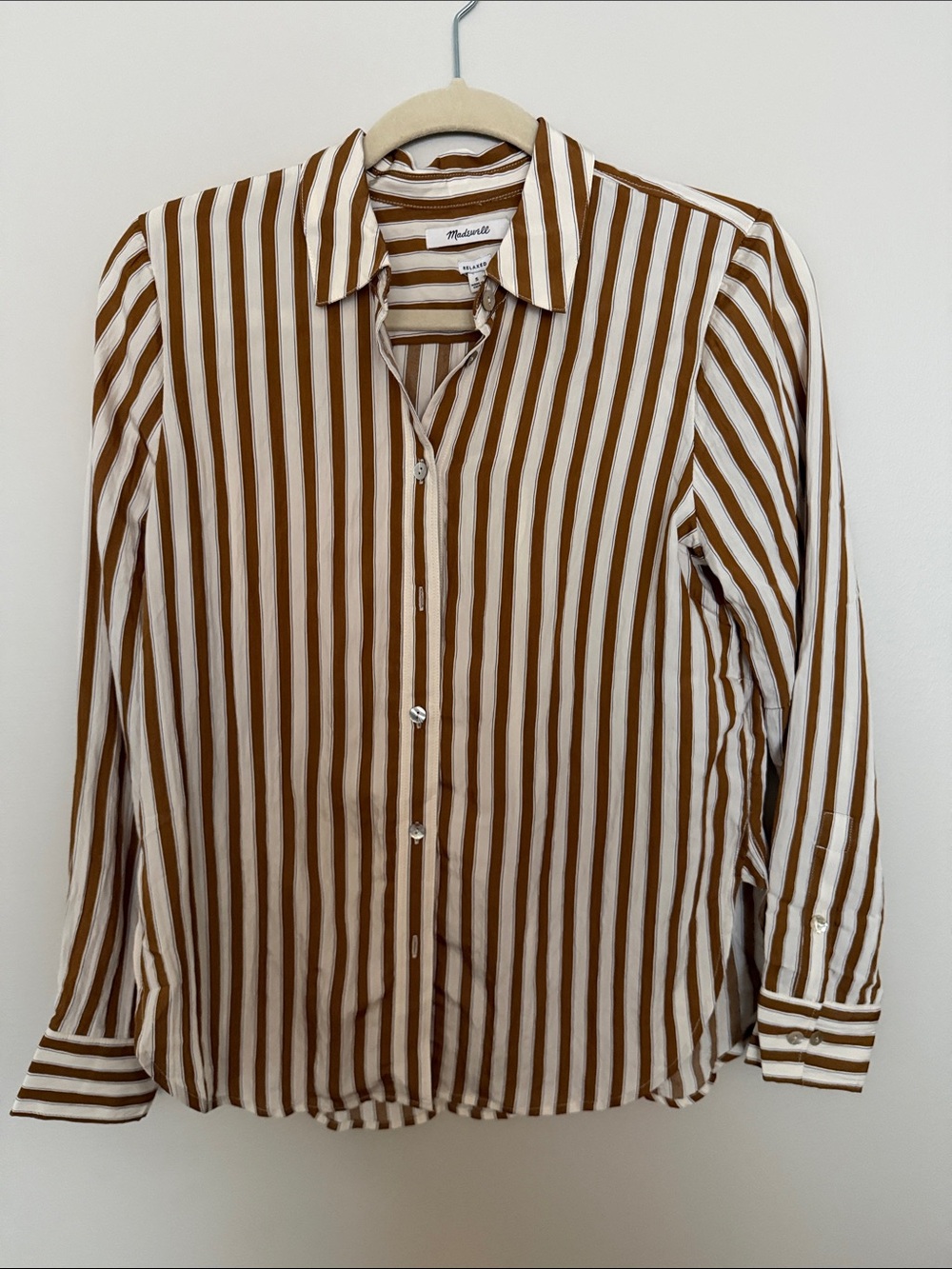 Madewell White and Brown Vertical Stripe Button-Down Shirt